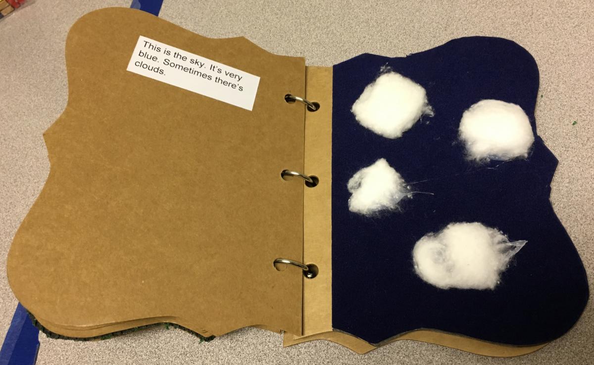 a page with cotton balls glued on to blue paper and text describing the sky