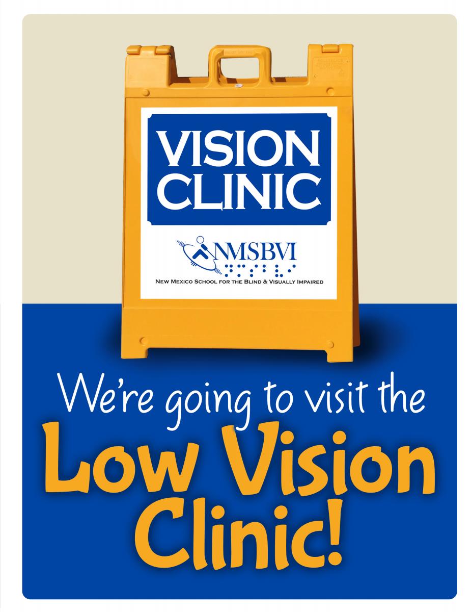 a yellow tent sign with the vision clinic's logo on it and the title of the book We're Going to Visit the Low Vision Clinic