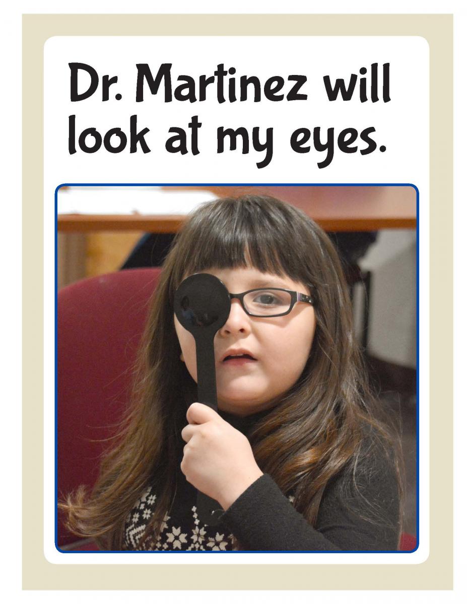 a page with text and a picture of a young girl having her eyes examined