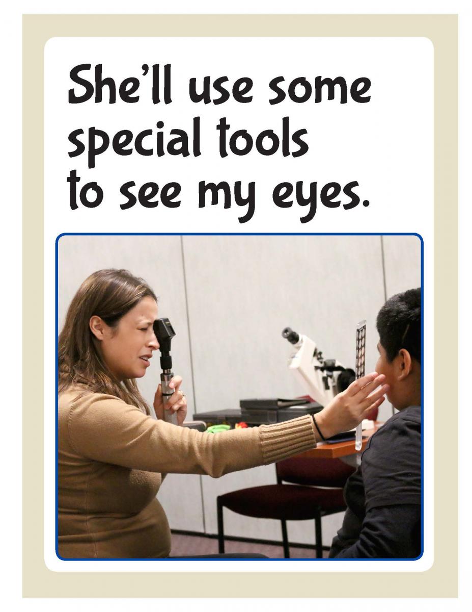 a page with text and an image of a female doctor looking in a young boy's eyes during an eye examination