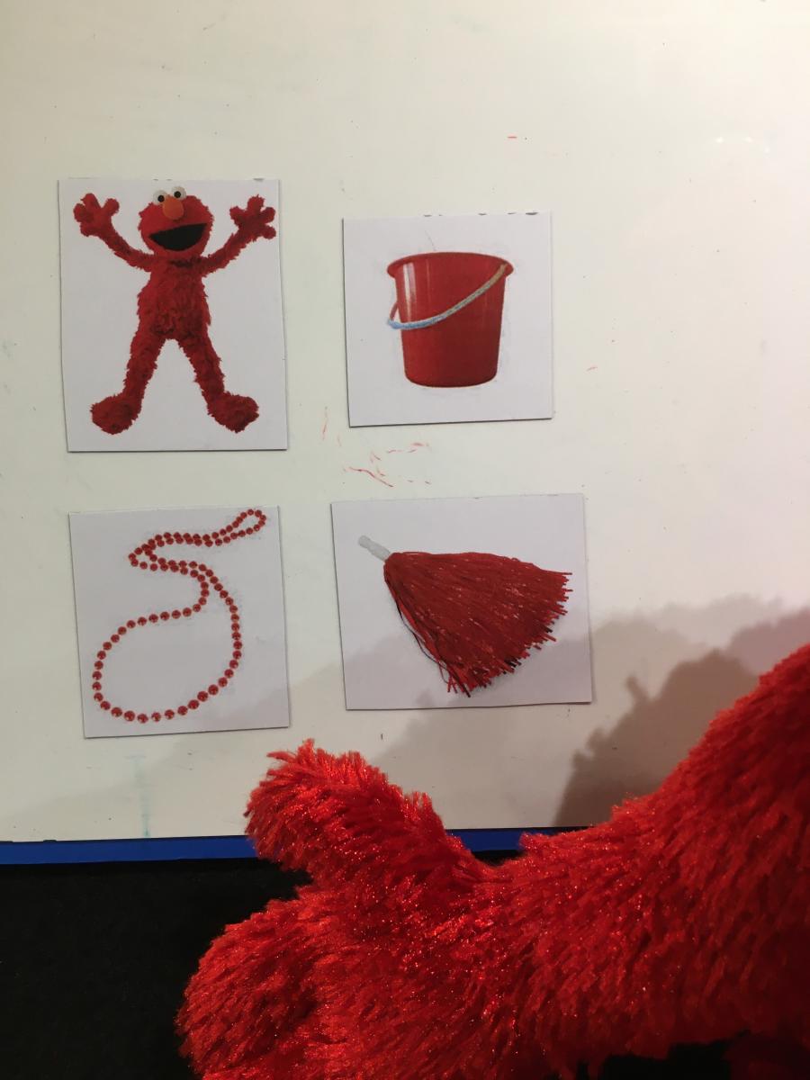 Elmo's arm with photo cards