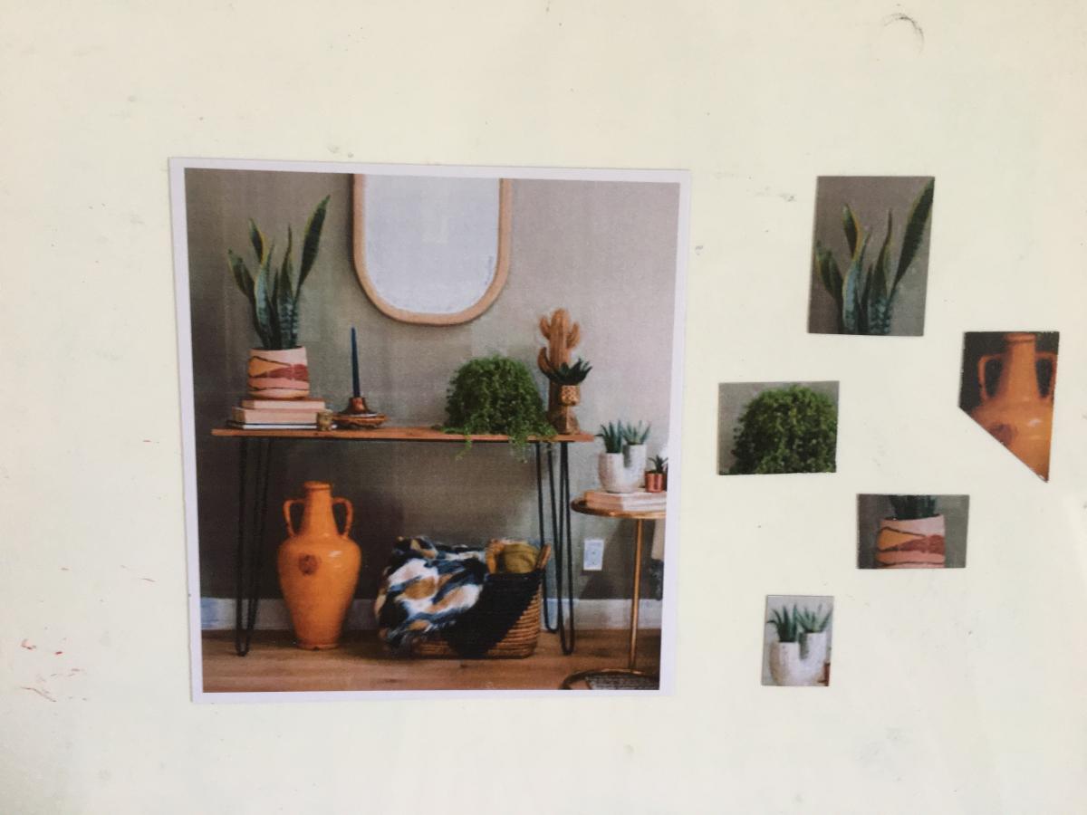 Photo of shelves in living room with matching images cut into pieces