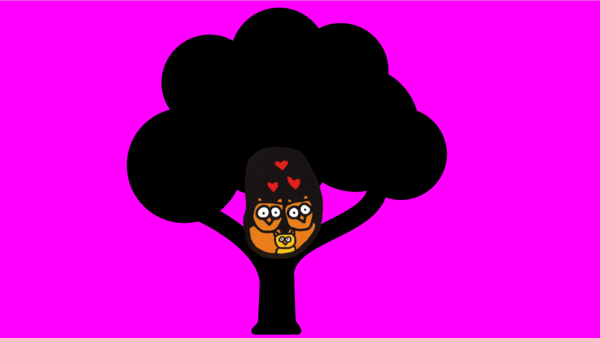 Page from PowerPoint book showing a combination of story and stock images Pink background with two owls sitting in tree