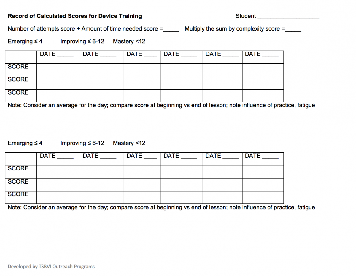 A record of calculated scores for device training