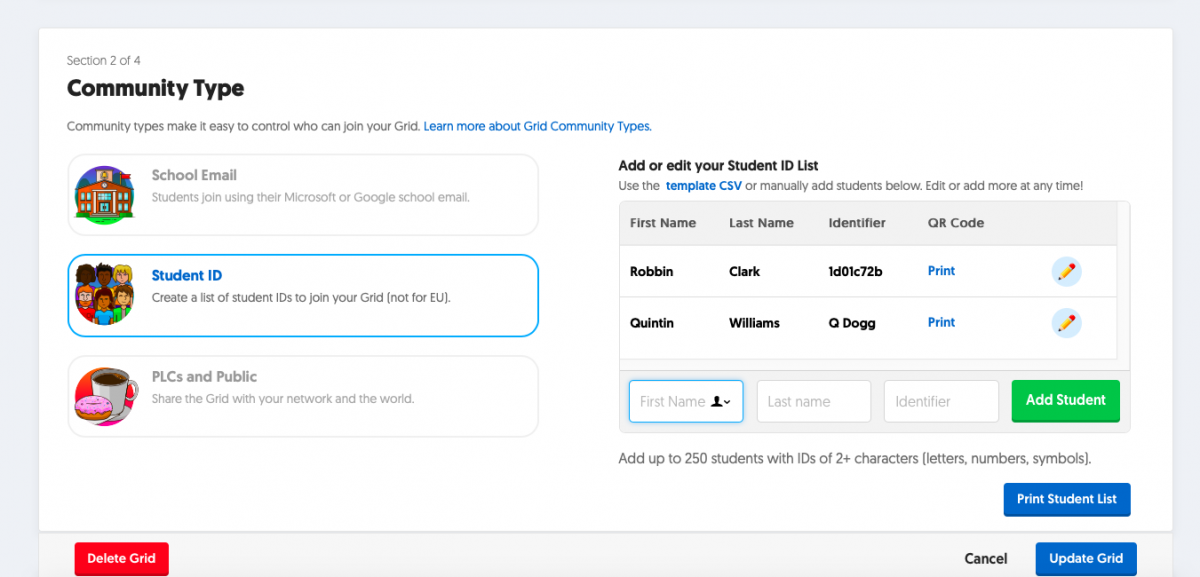 Screenshot of community types