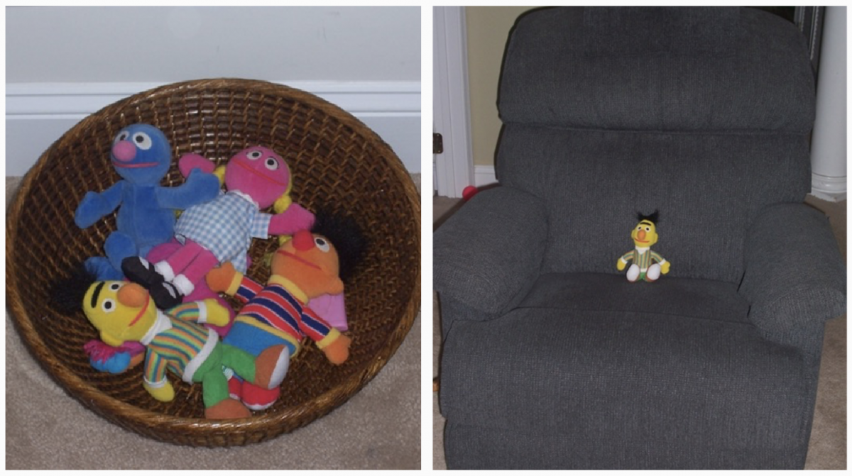 Two images: basket of Sesame Street characters on the left; single character alone on contrasting color armchair (Photos courtesy of Sandy Newcomb)