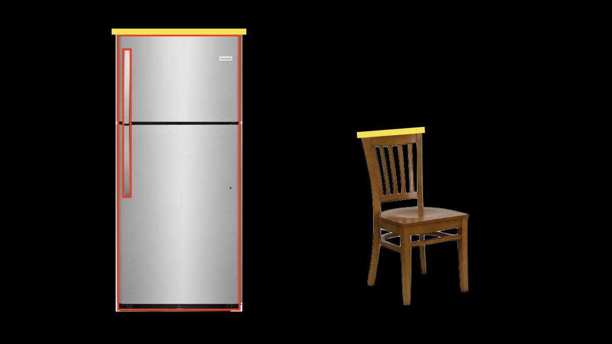 picture containing a refrigerator and a chair with a yellow line going across the top of each item to compare heights