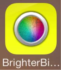 Application icon with multicolor lens in a yellow box, with thext BrighterBi...