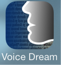 Application icon with profile view of face and mouth with Voice Dream text
