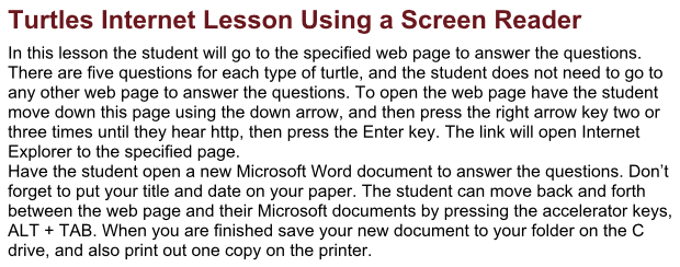 Turtle Lesson turtles internet lesson using a screen reader