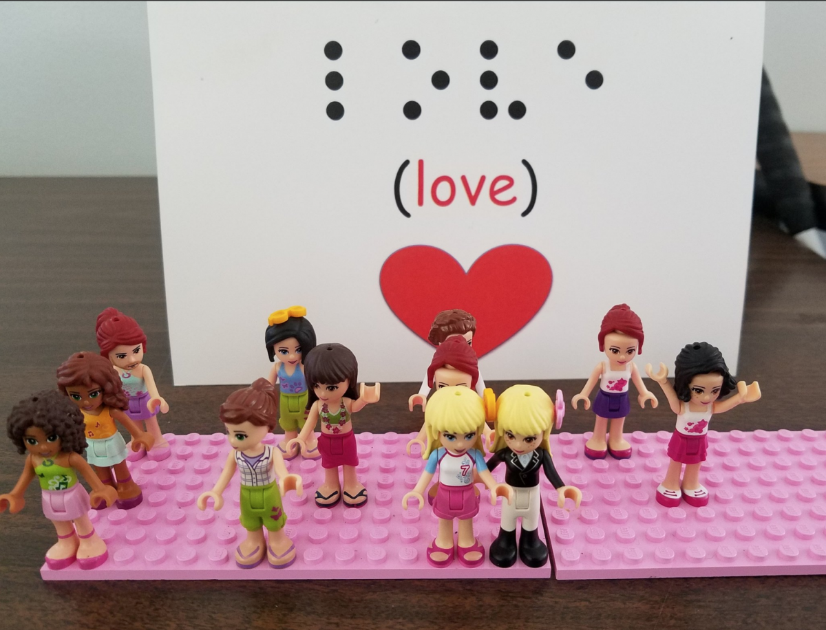 On Valentine’s Day, large print cards with the word “love” in braille were sent out.  The Lego Girls spell out the word “love” on a Lego base.
