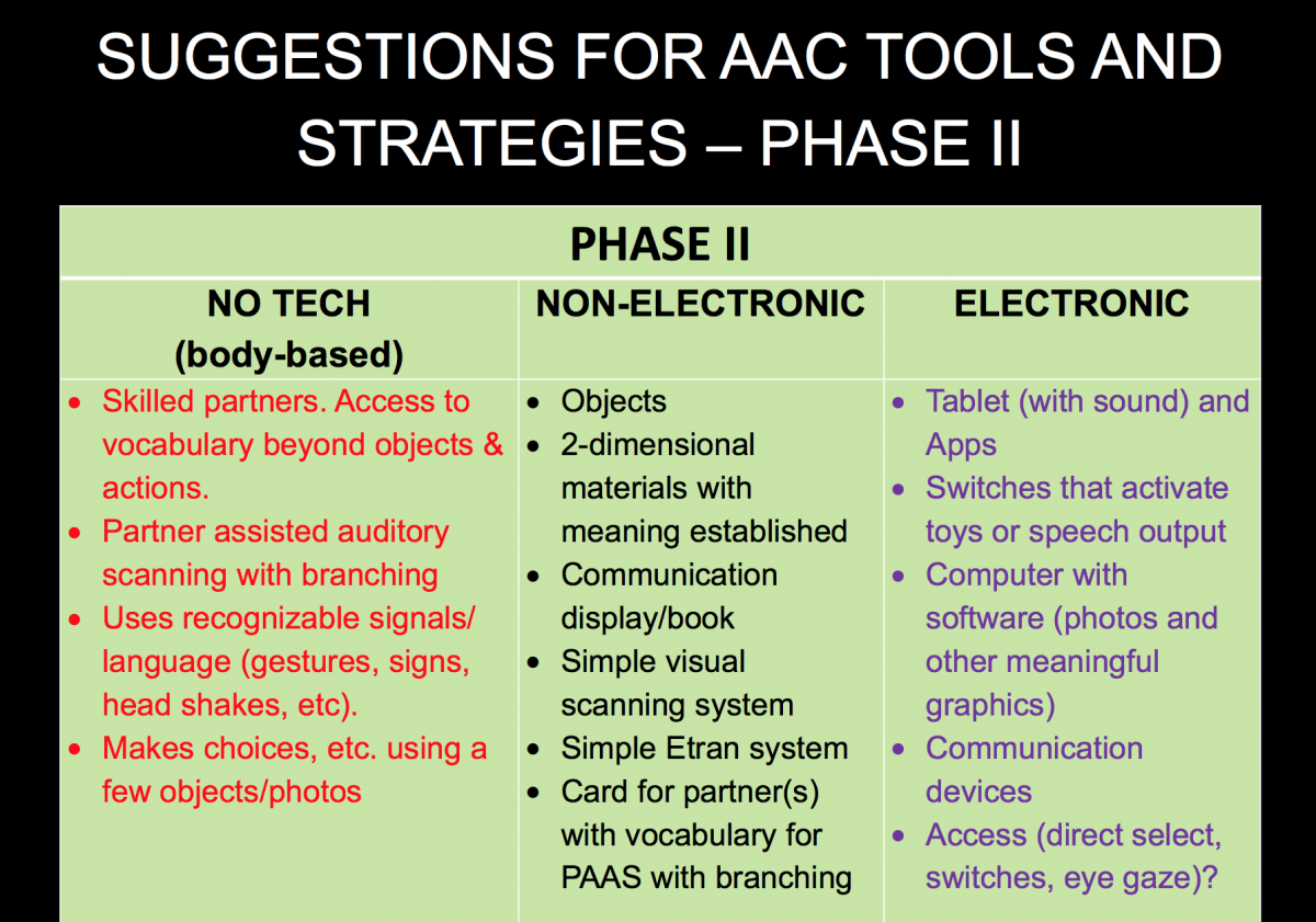 Powerpoint slide:  Suggestions for AAC Tools and Strategies:  Phase II