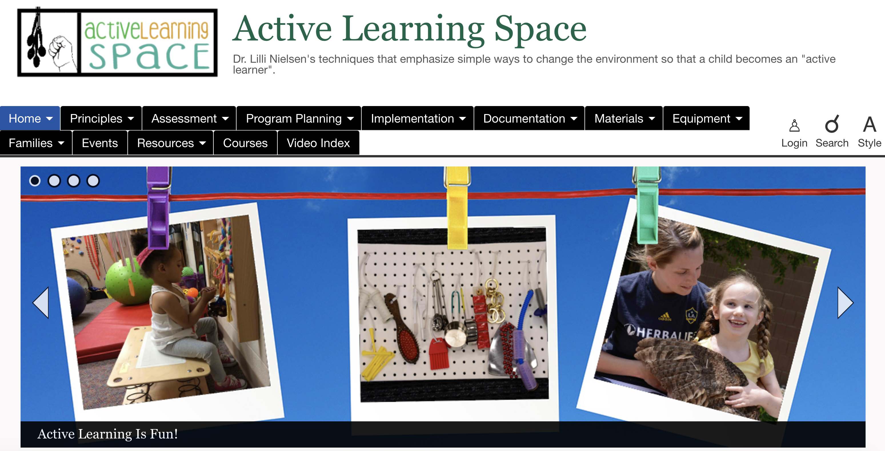 Active Learning Space screenshot of website with pictures of children in their learning environment.