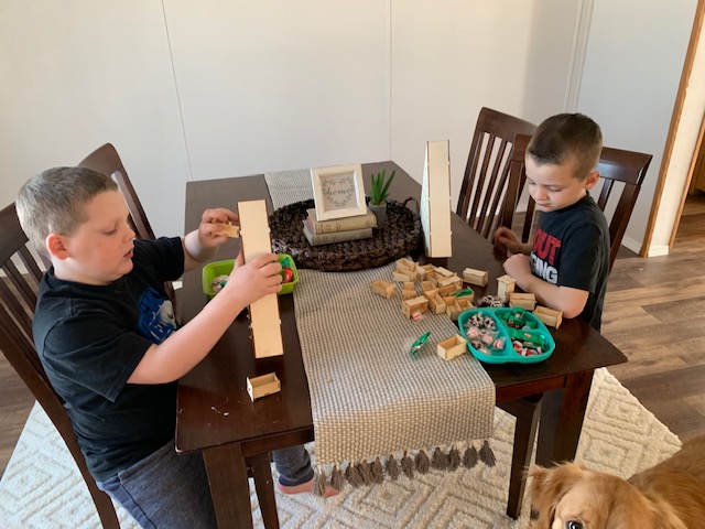 Two brothers placing items in the drawers