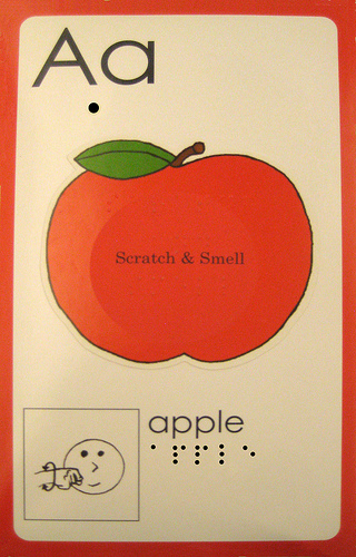 Alphabet card with print, braille, sign and texture -- Letter A for Apple