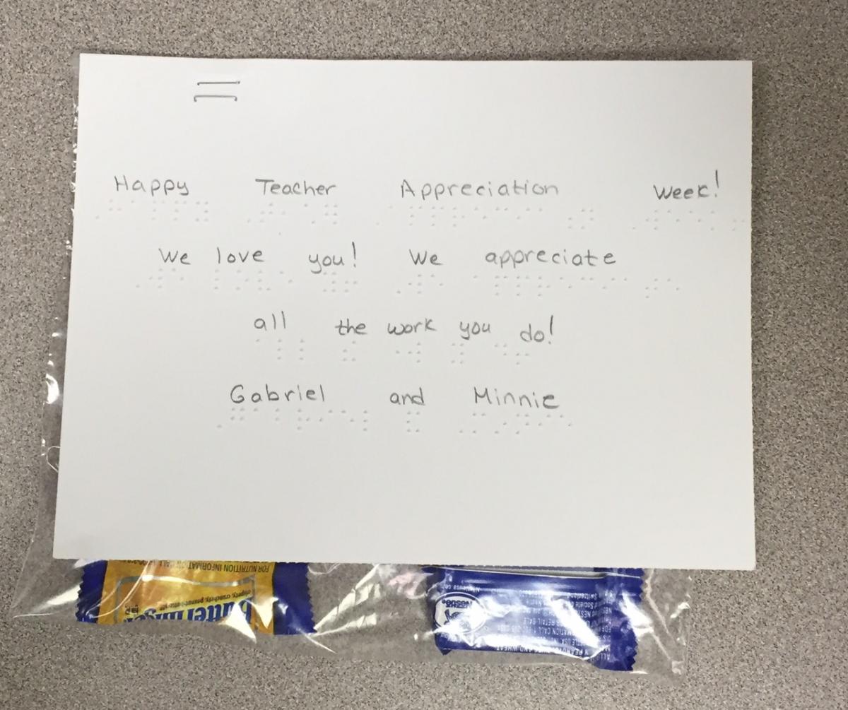 Teacher appreciation note in braille
