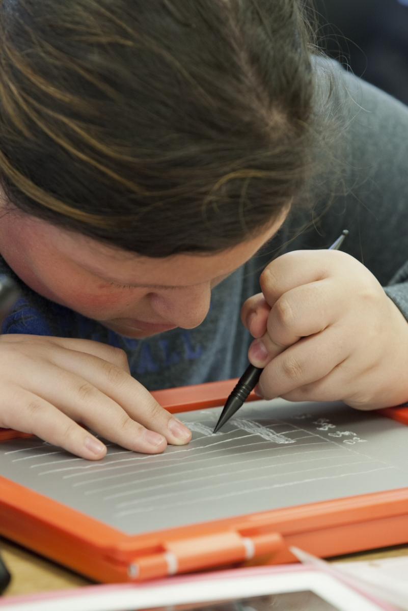 Student creating tactile bar graph