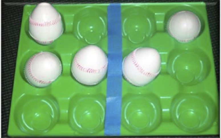 Sample M&M plastic egg display tray with painters’ tape serving as a cell   dividing line