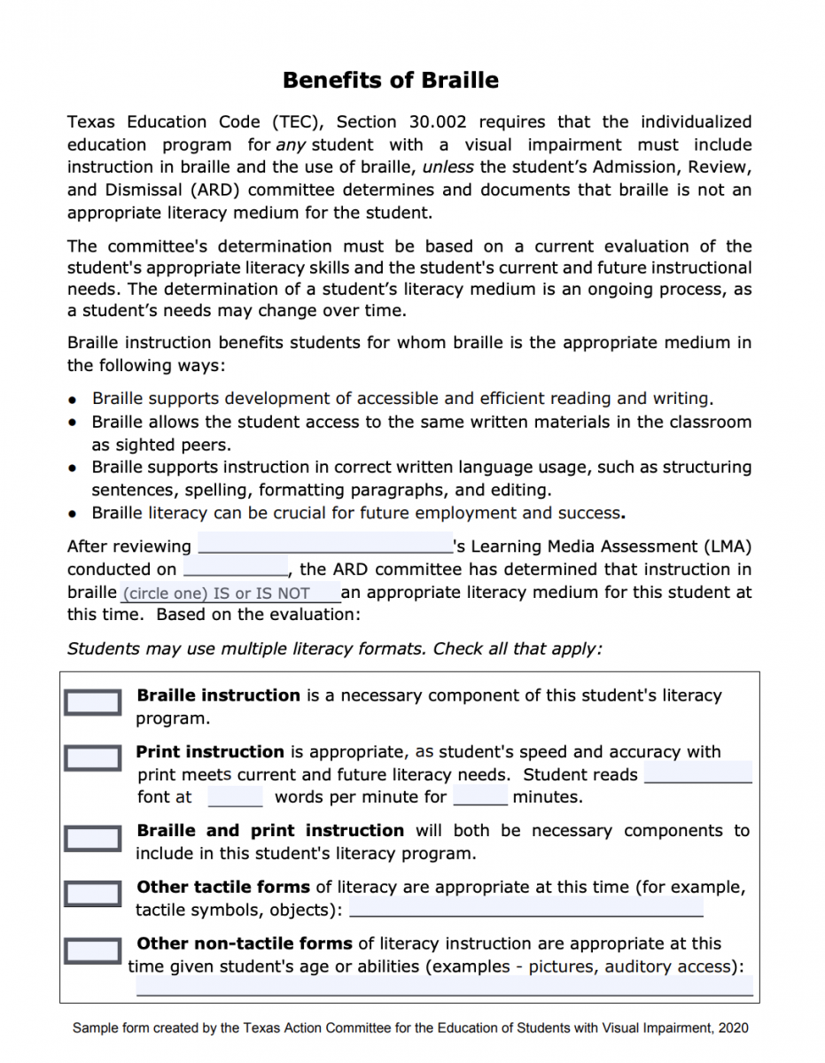 Sample Form Benefits of Braille Paths to Literacy