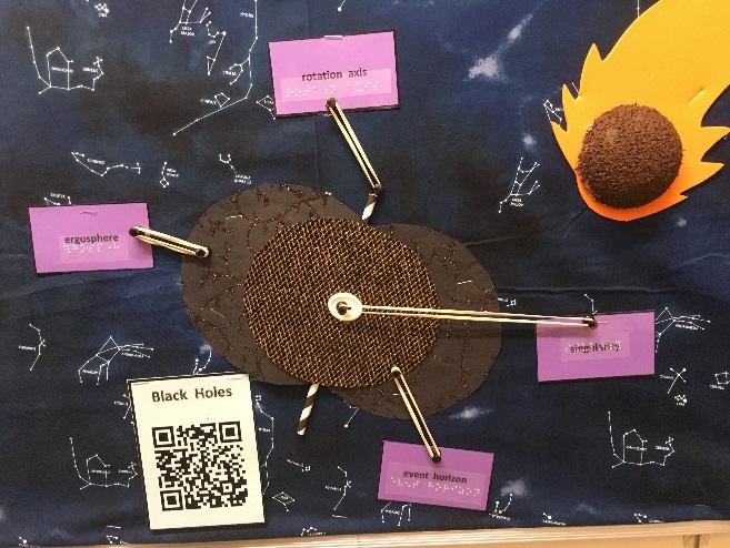bulletin board with tactile diagram of a comet and black hole, they are labeled with braille and print