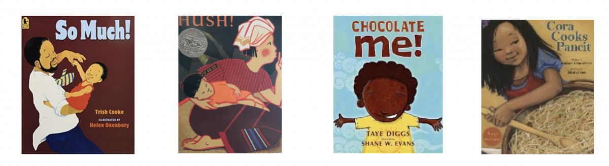 front covers of four picture books: So Much!, Hush, Chocolate Me!, and Cora Cooks Pancit