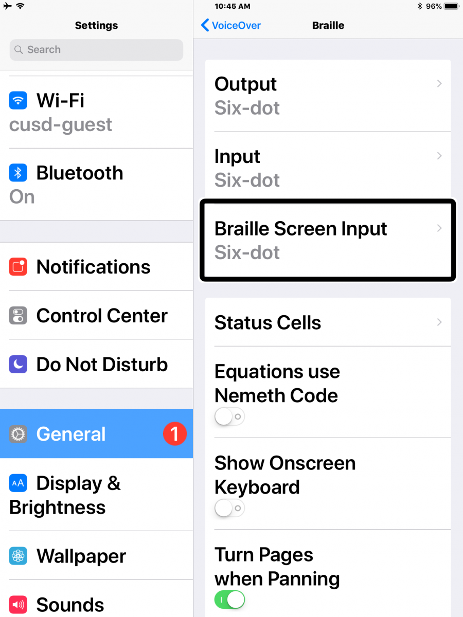 Settings showing Braille Screen Input