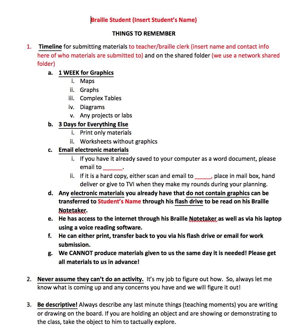 Braille Student Things to Remember