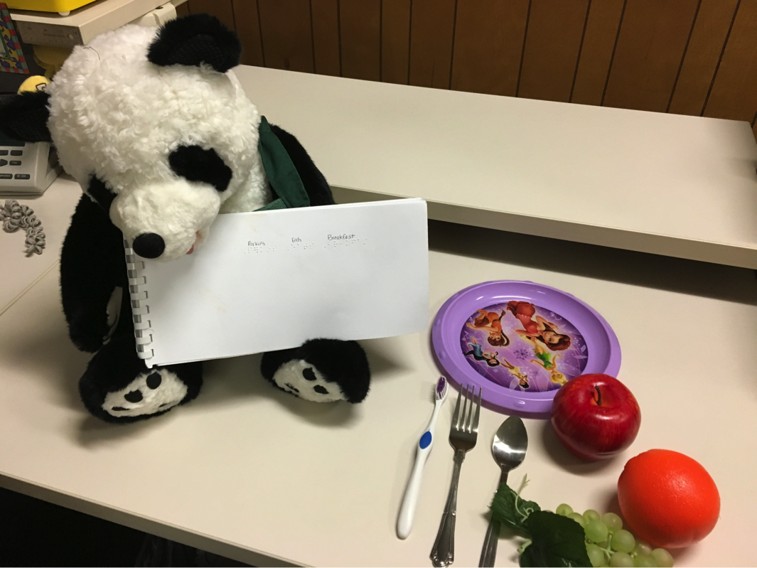 Perkins with plate, fork, spoon, toothbrush, and plastic fruit.