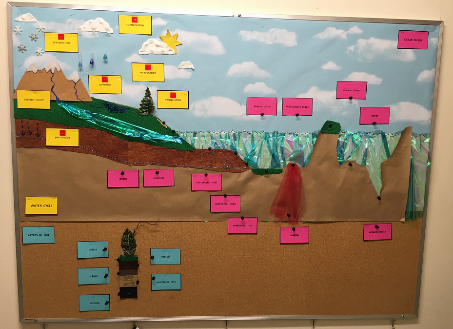 bulletin board with weather and geographic indicators depicting the water cycle, labeled with brailled labels