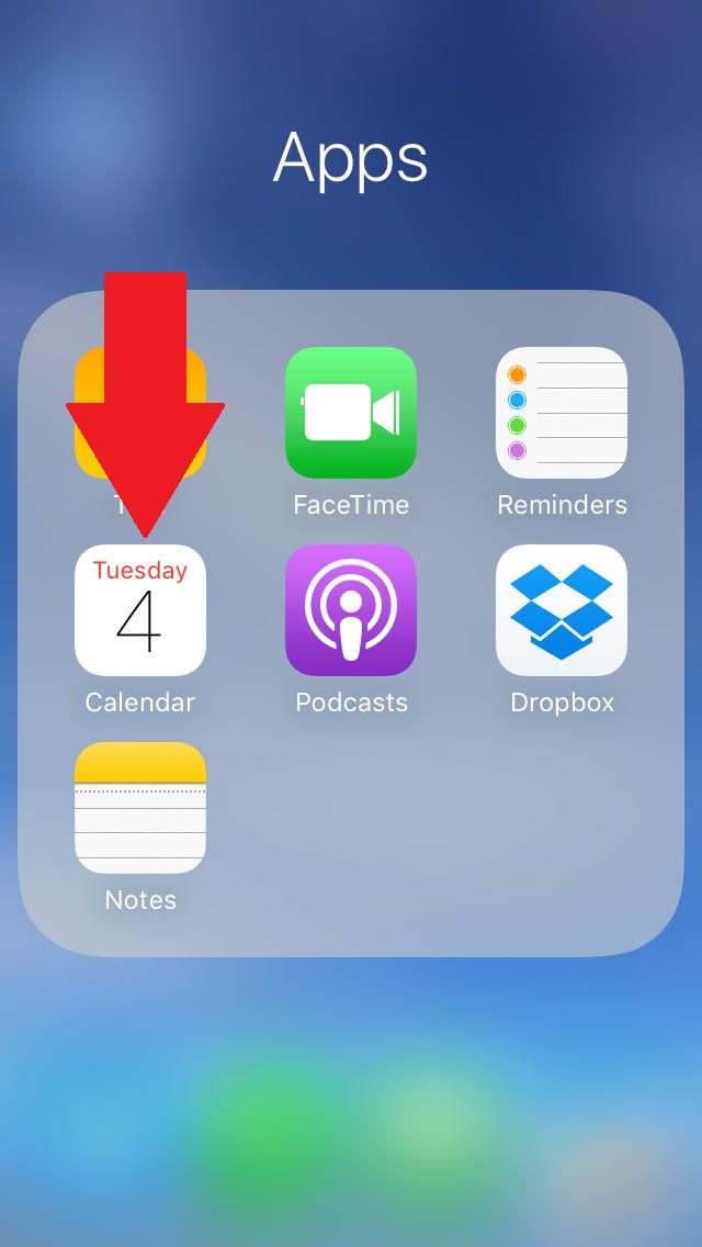 screenshot of an iphone screen with a red arrow pointing to the calendar app