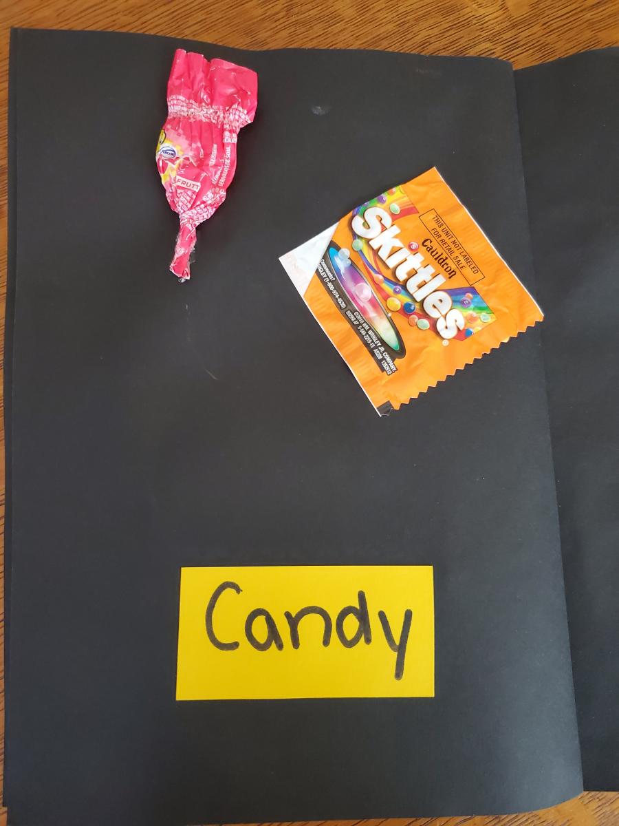 Candy wrappers and text 
