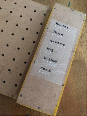 List of chess pieces in print and braille: horses, pawn, queens, king, bishop, rook List of chess pieces in print and braille: horses, pawn, queens, king, bishop, rook