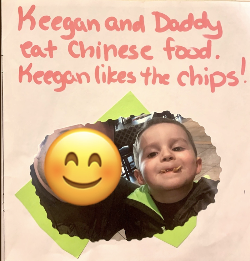 Keegan and Daddy eat Chinese food.  Keegan likes the chips!