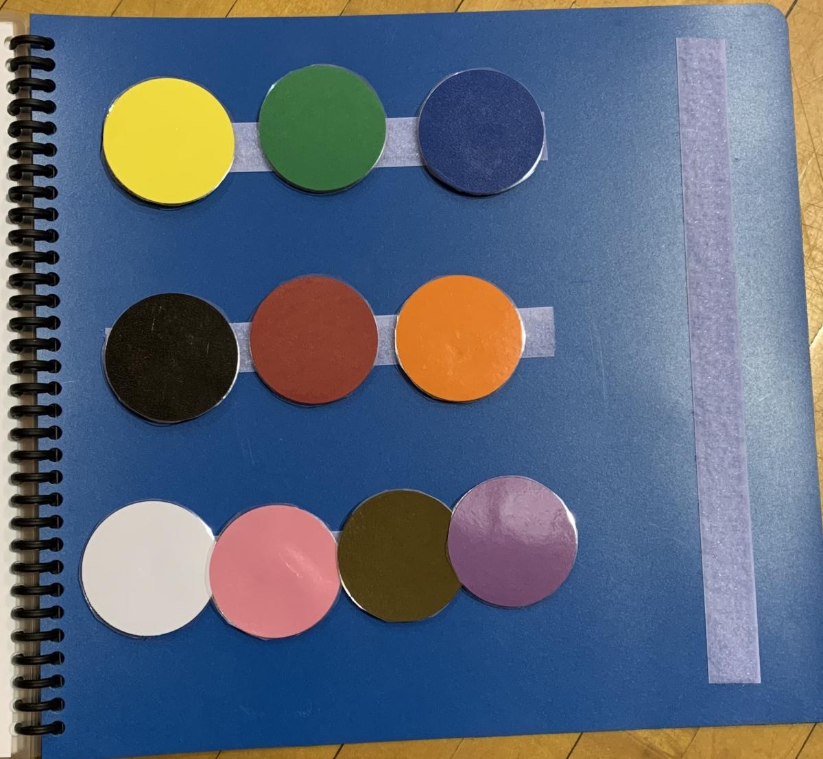 Page of colored circles with vertical Velcro strip on the right side of the page