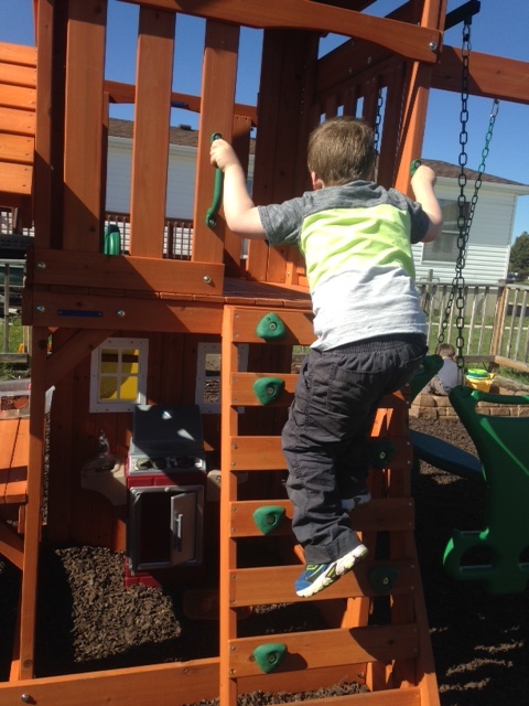 A boy climbs the ladder of a play structure