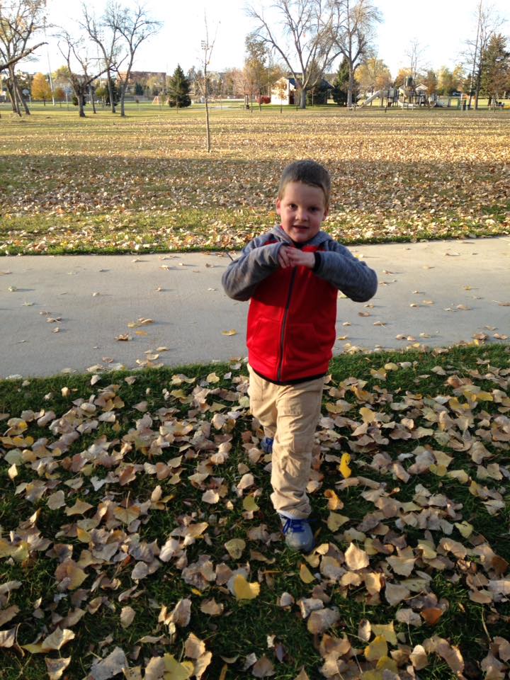 A boy walking through the fall leaves.