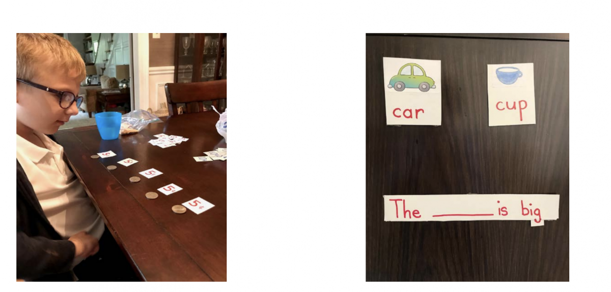 Example of manipulating coins during a math activity and choosing word/picture cards to fill in the blank in a reading activity.
