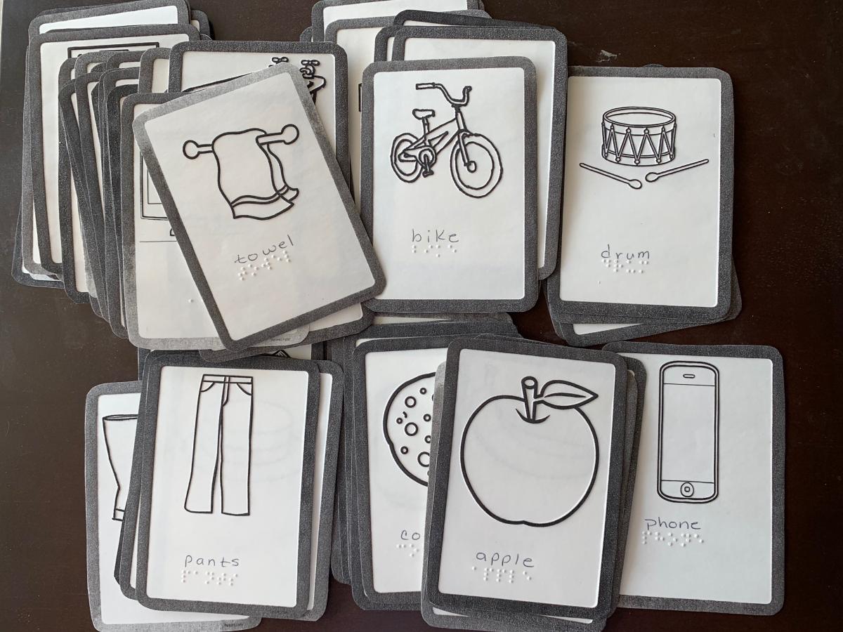 Concept flashcards with braille and tactile images