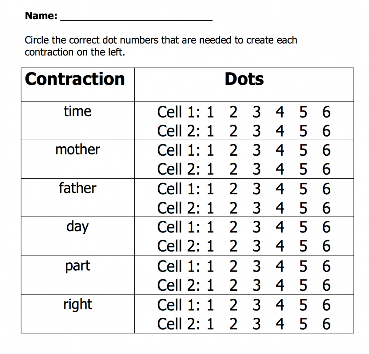 Contraction worksheet