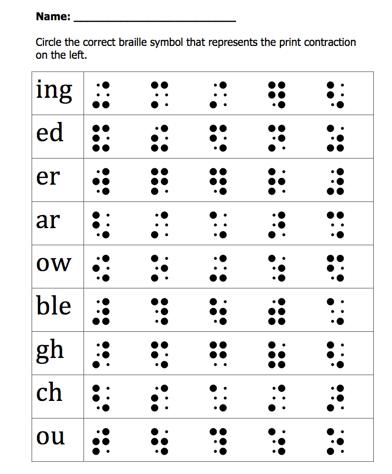 Braille contraction worksheet