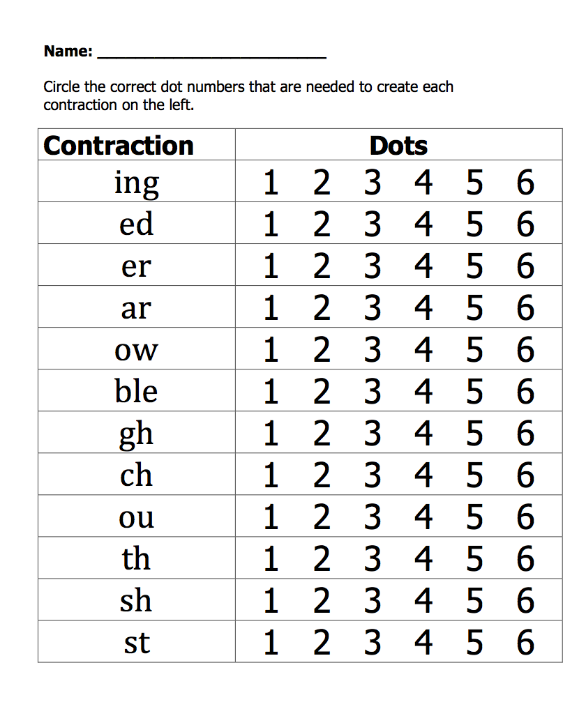 Braille contraction worksheet