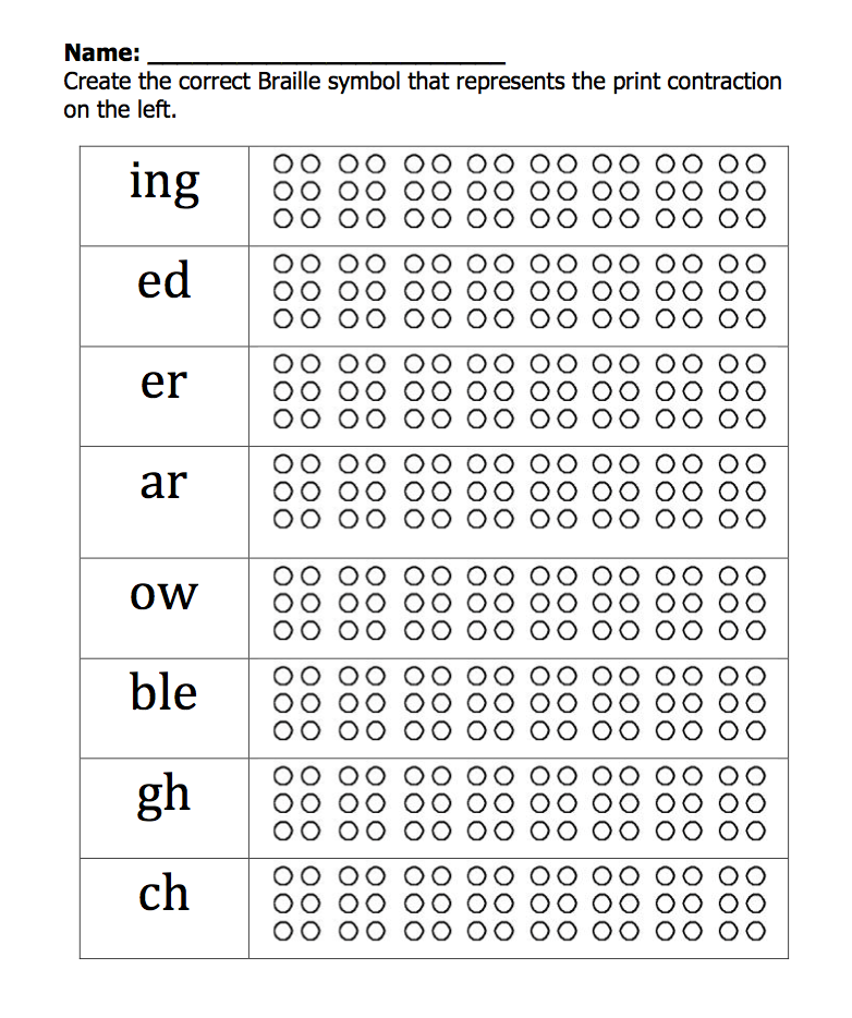 Braille contraction worksheet