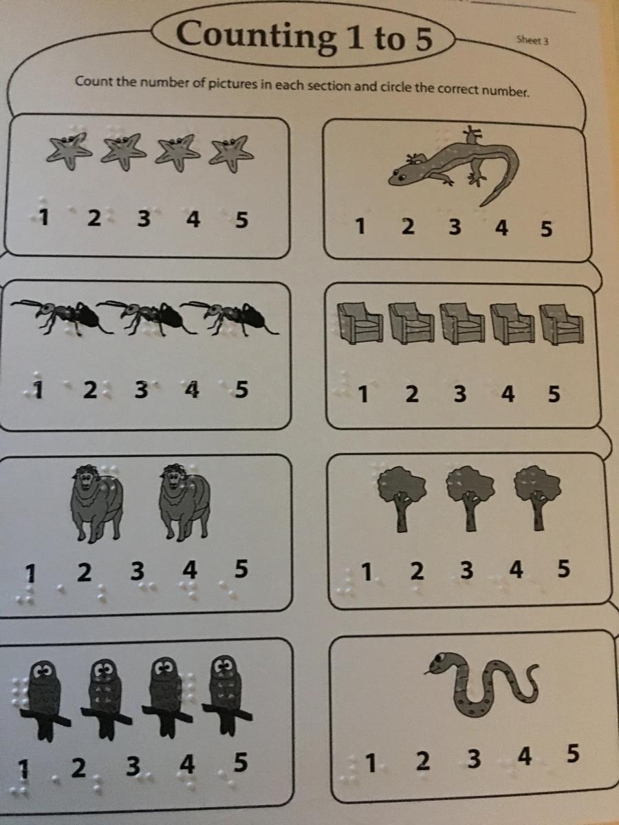 Counting worksheet one to five in braille
