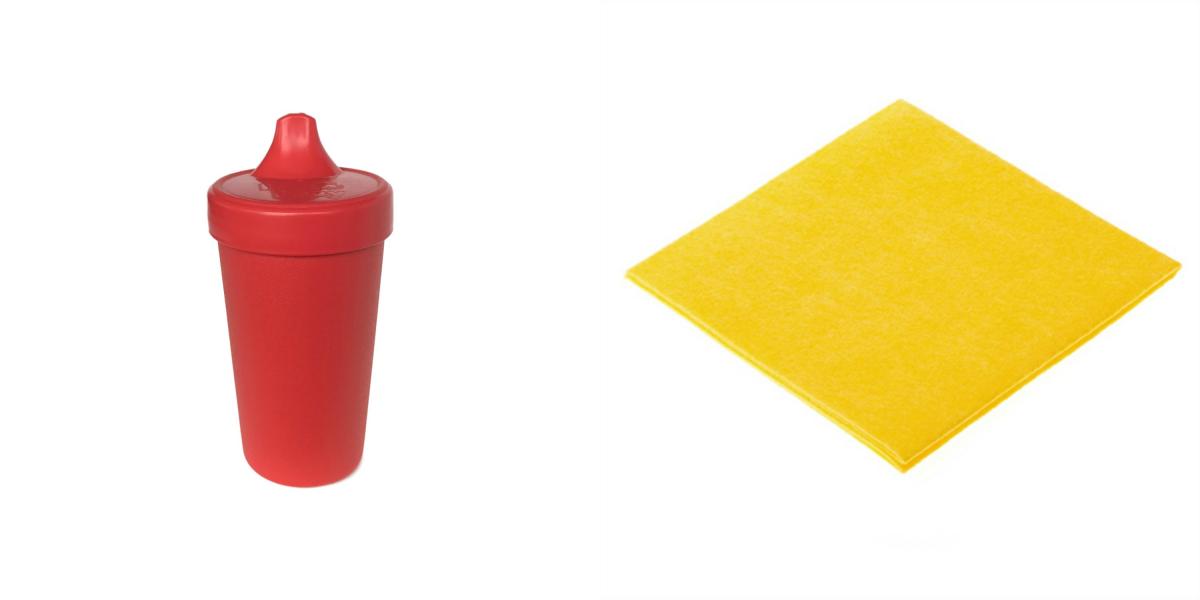 Red cup and yellow washcloth