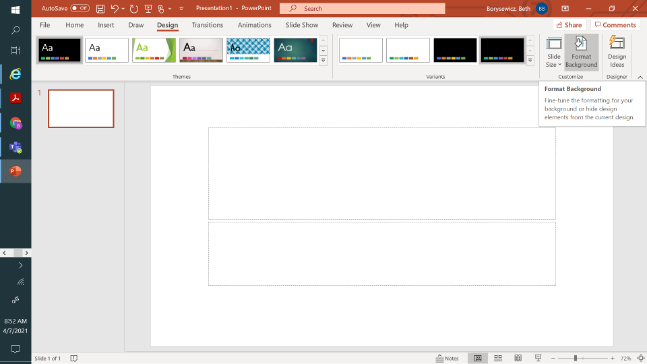Screenshot of formatting the background of a powerpoint presentation