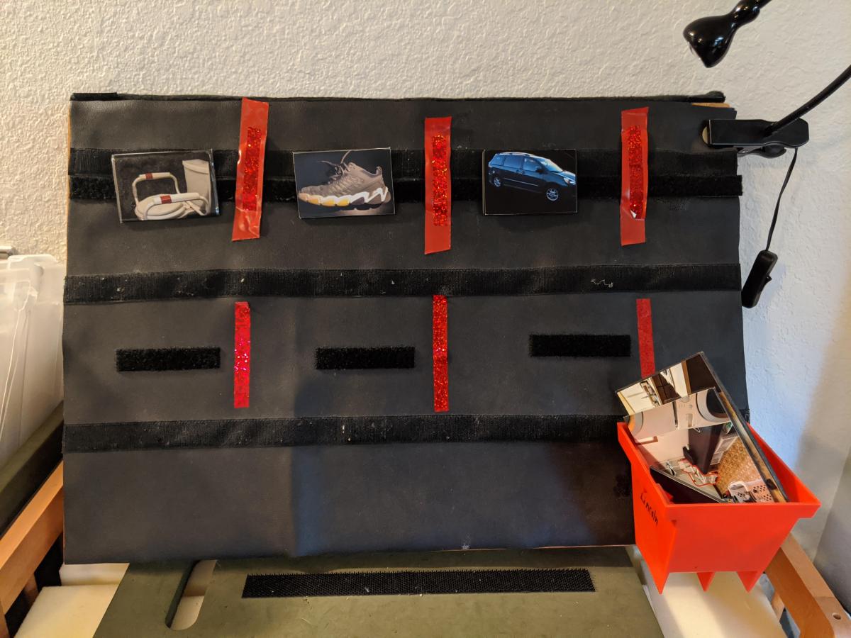 Schedule board using photos with red lines between each one Schedule board using photos with red lines between each one