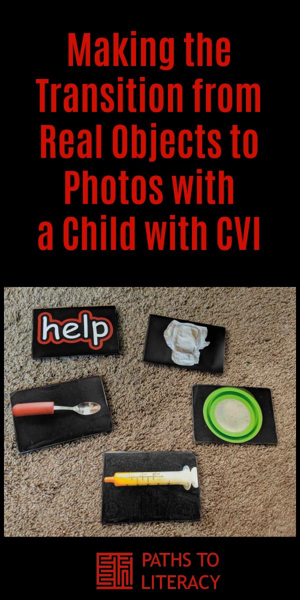 Collage of making the transition from real objects to photos with a child with CVI