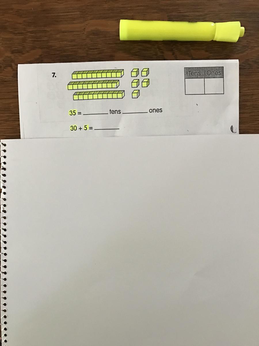 Worksheet with highlighting and covering other problems. Worksheet with color highlighting