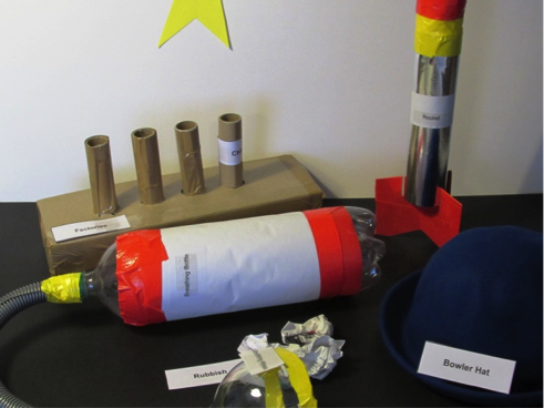 Click to view rubbish, rocket, bottle, bowler cap