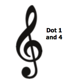 Treble clef with words Dot 1 and 4